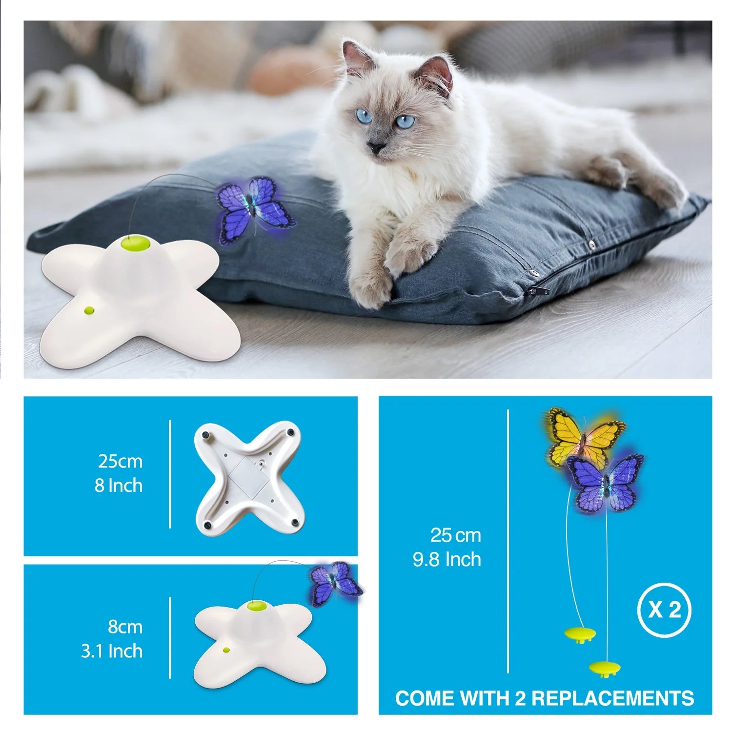 Interactive Cat Toys, Fluttering Butterfly Automatic Cat Teasing Toy with 2 Replacement Butterflies