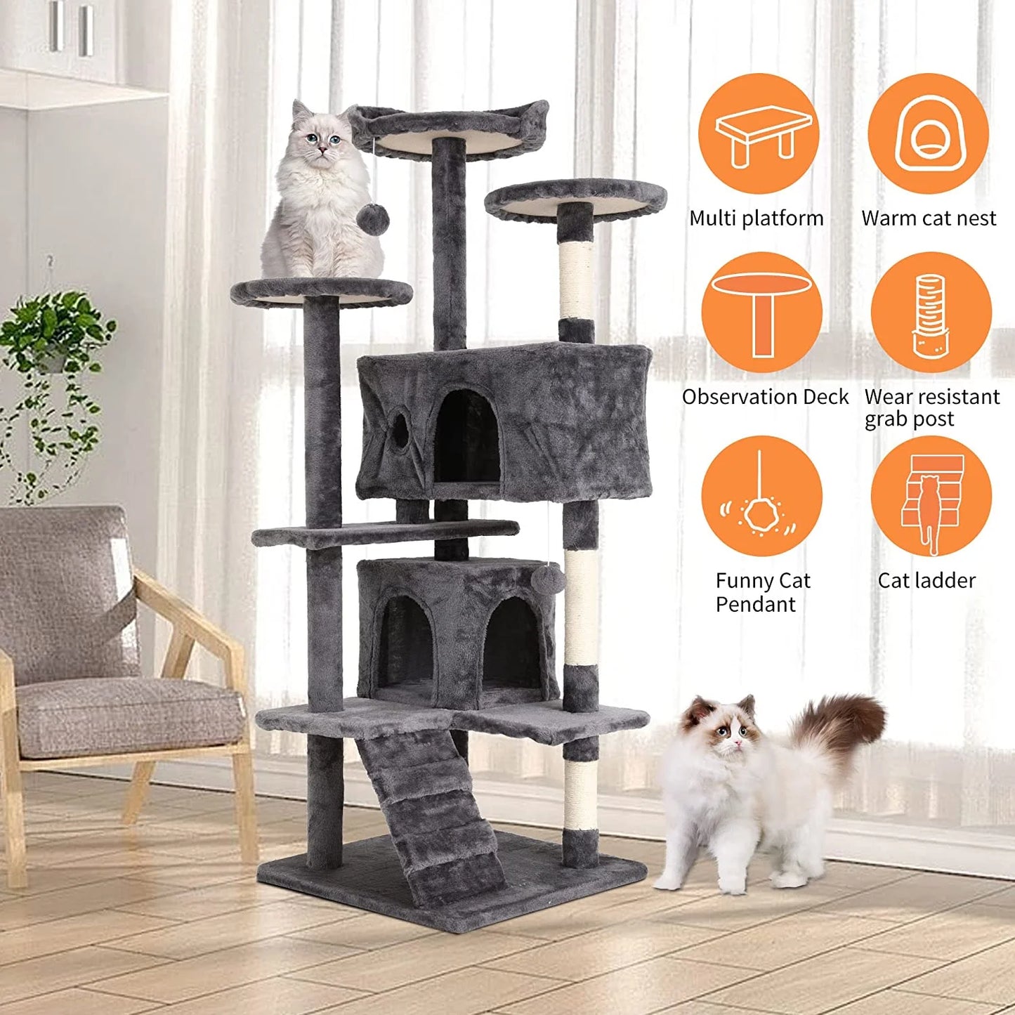 54" Cat Tree Tower, Scratch Posts, Condo, Toys, Light Gray