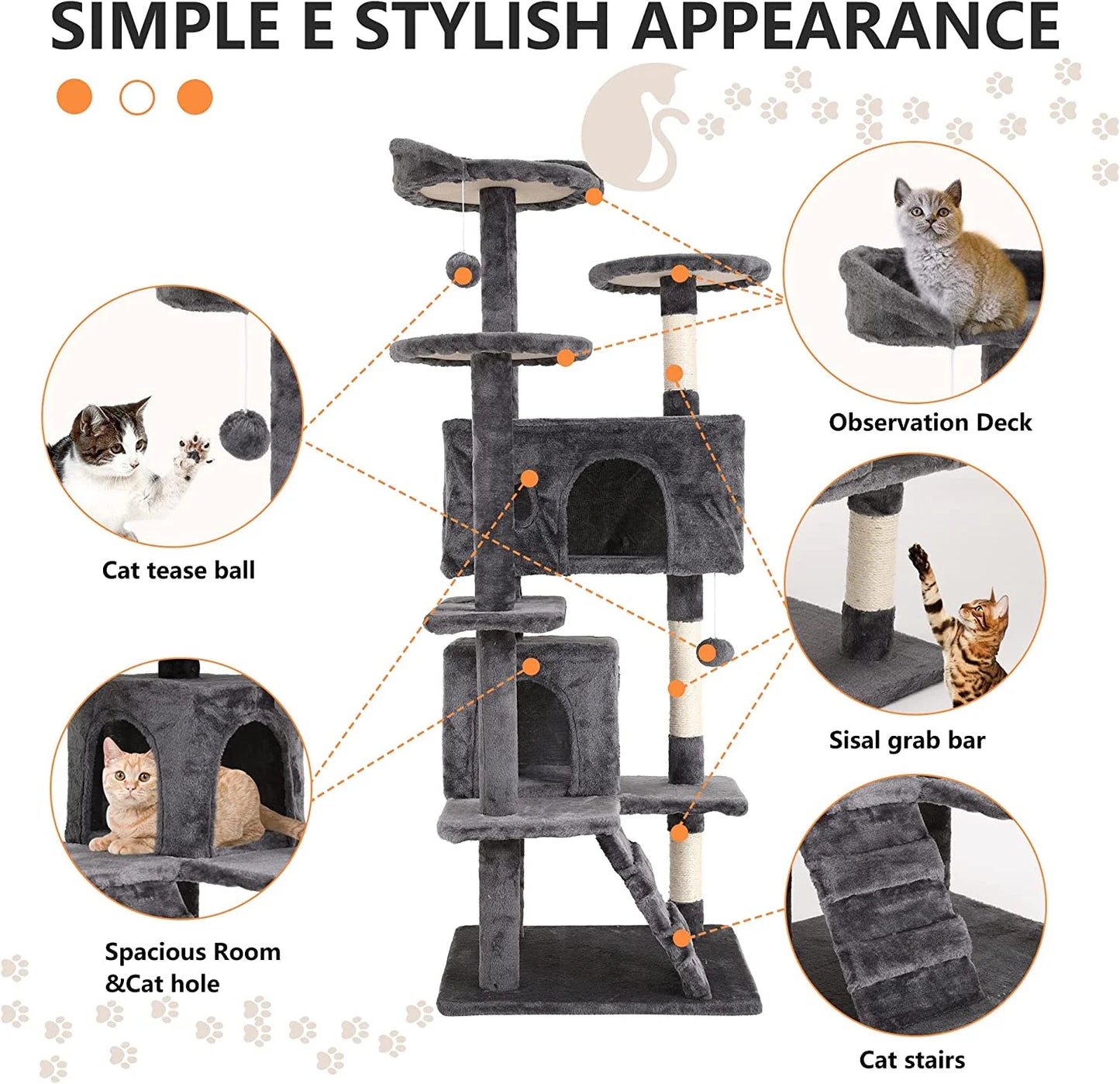 54" Cat Tree Tower, Scratch Posts, Condo, Toys, Light Gray