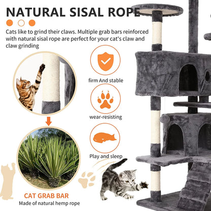 54" Cat Tree Tower, Scratch Posts, Condo, Toys, Light Gray