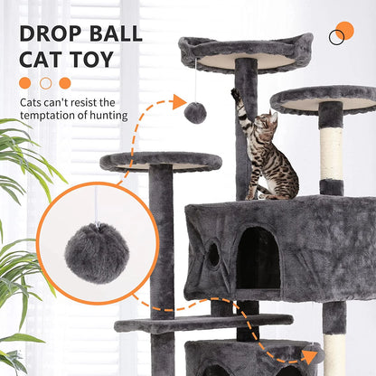 54" Cat Tree Tower, Scratch Posts, Condo, Toys, Light Gray